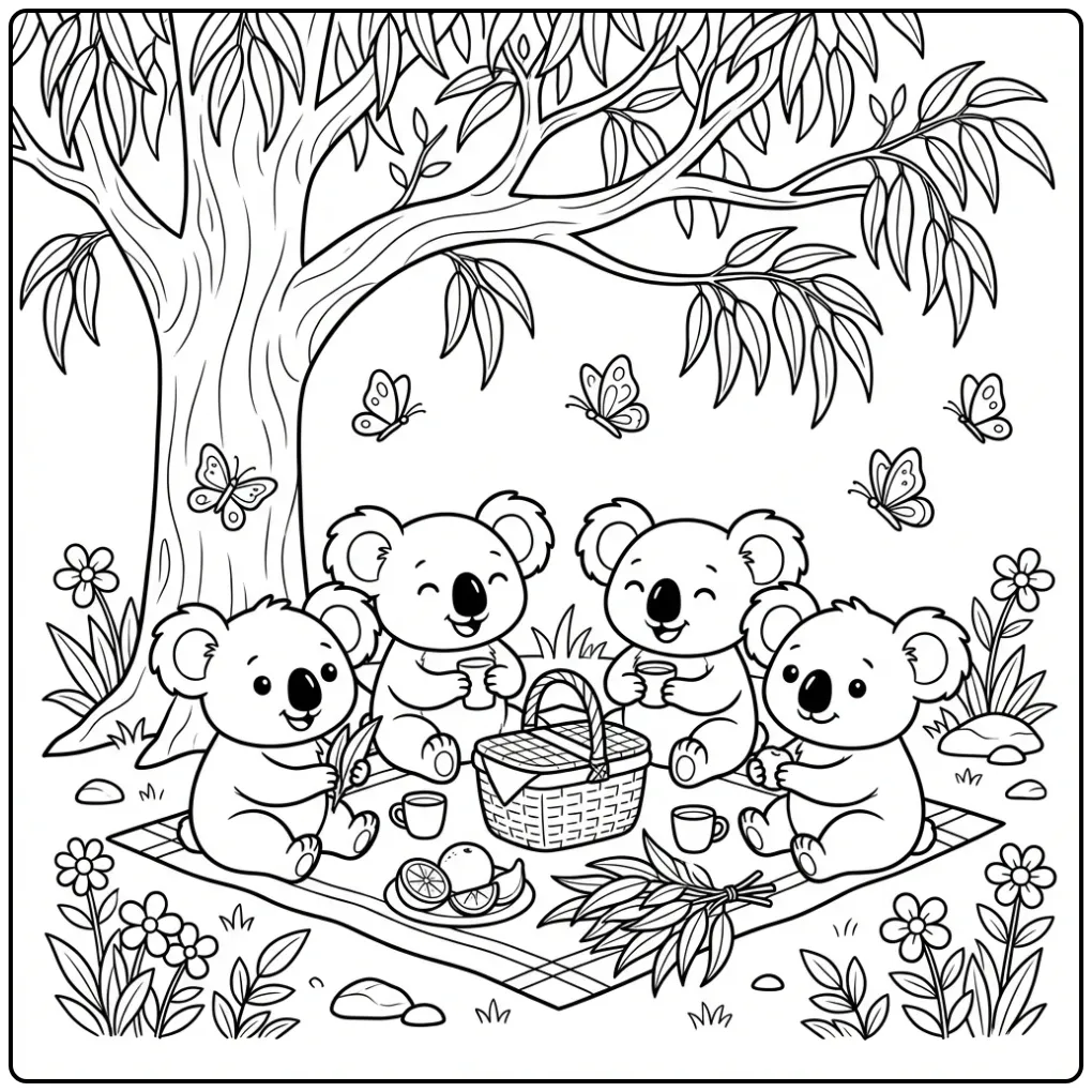 Schattige kleurplaat koala beertjes die samen picknicken.