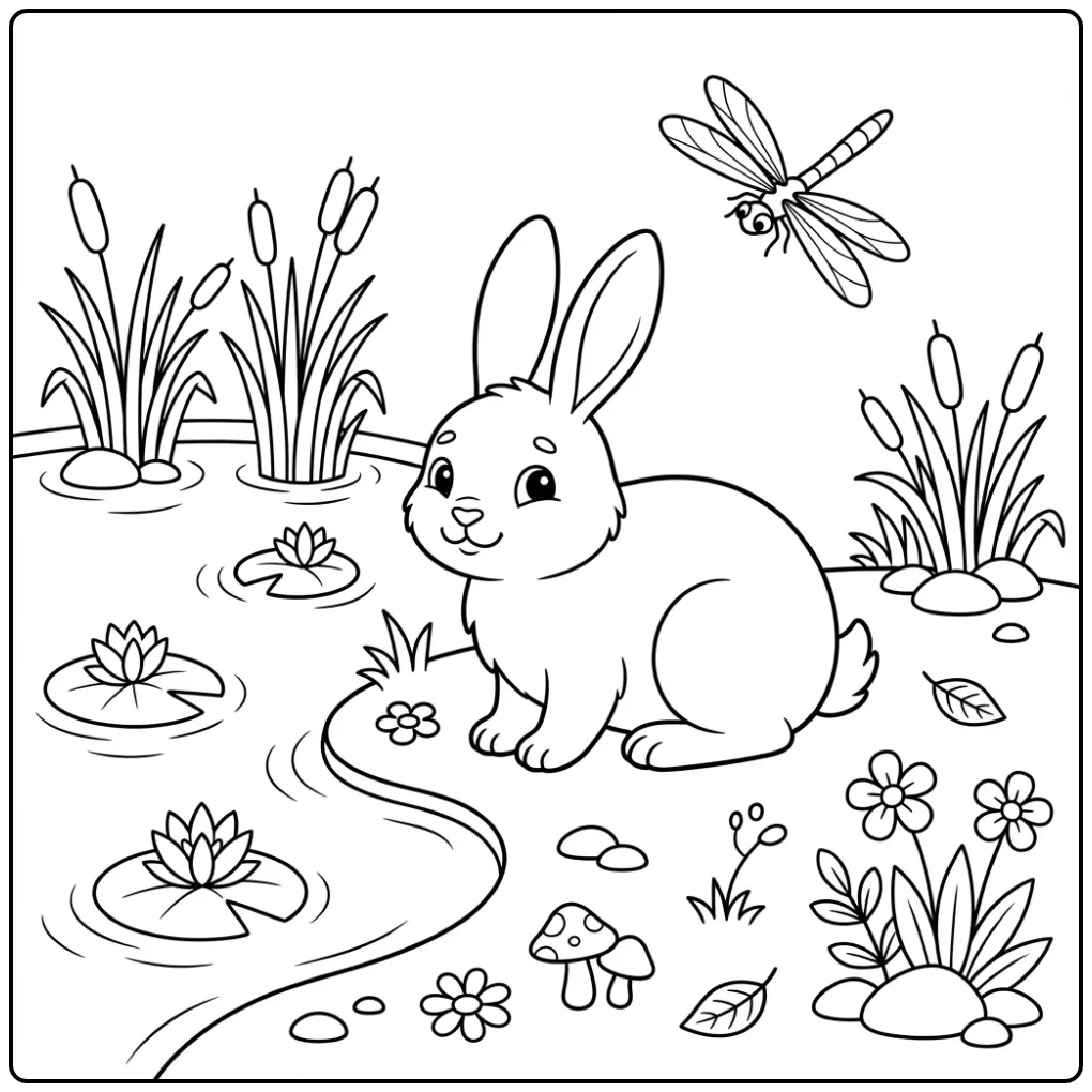 Leuke kleurplaat konijn zittend bij een vijver met waterlelies.