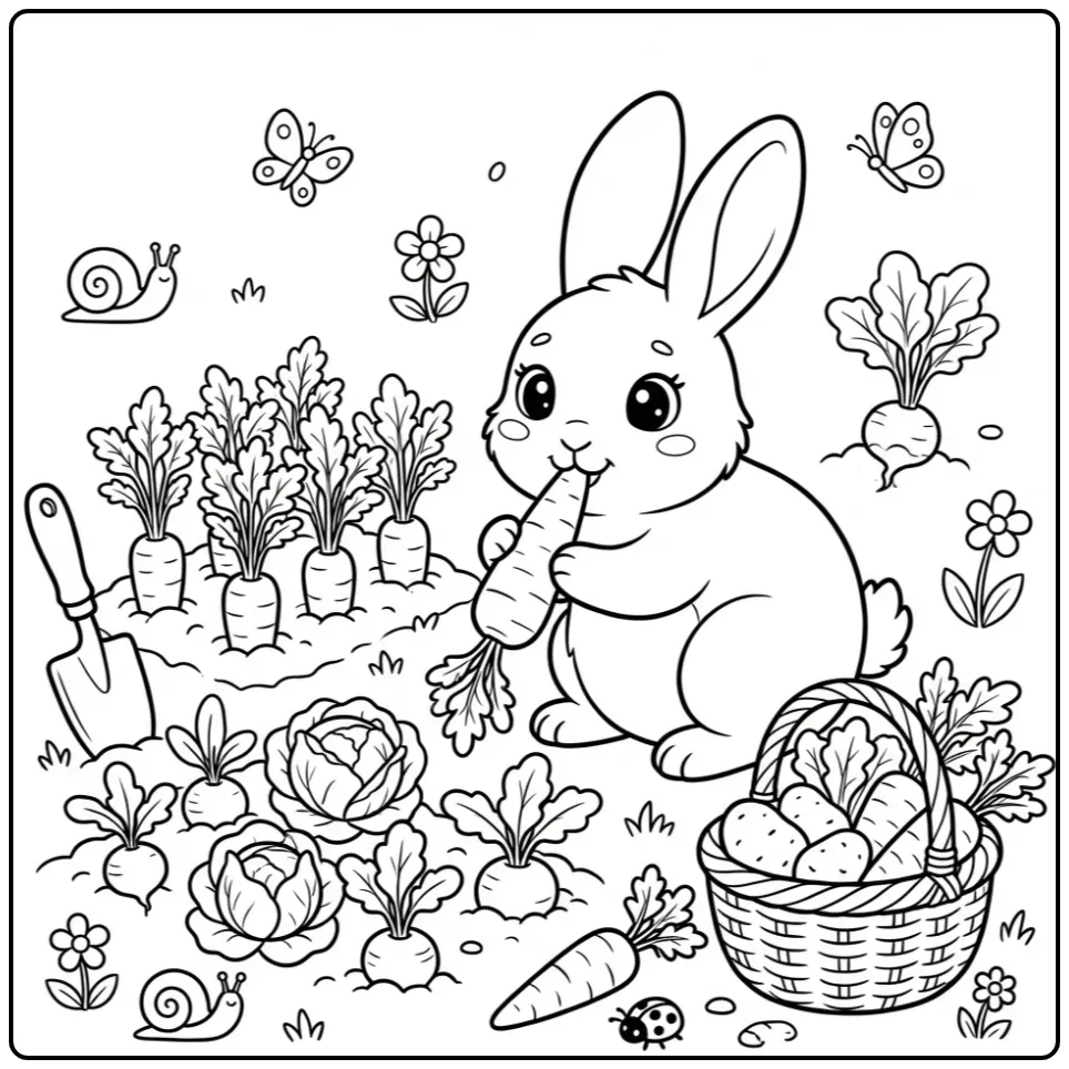 Leuke kleurplaat konijn in een moestuin met wortels.