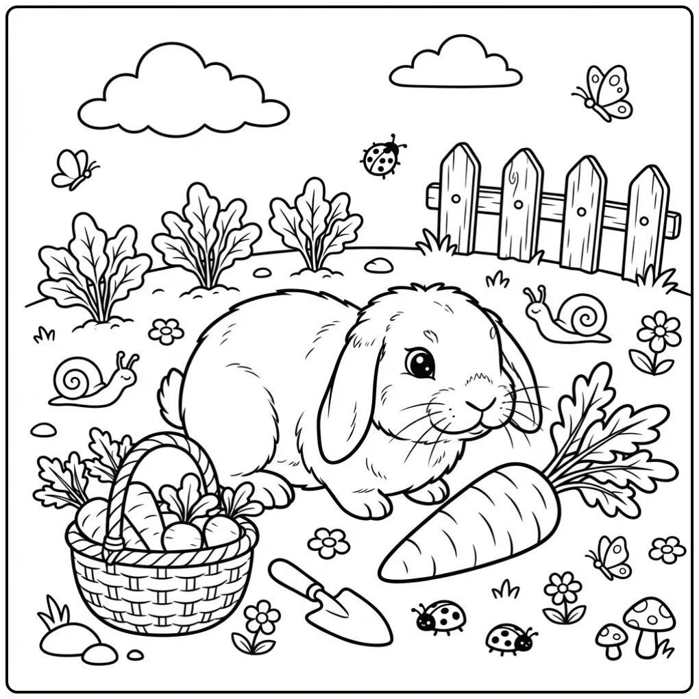 Leuke kleurplaat konijn hangoor met een grote wortel.