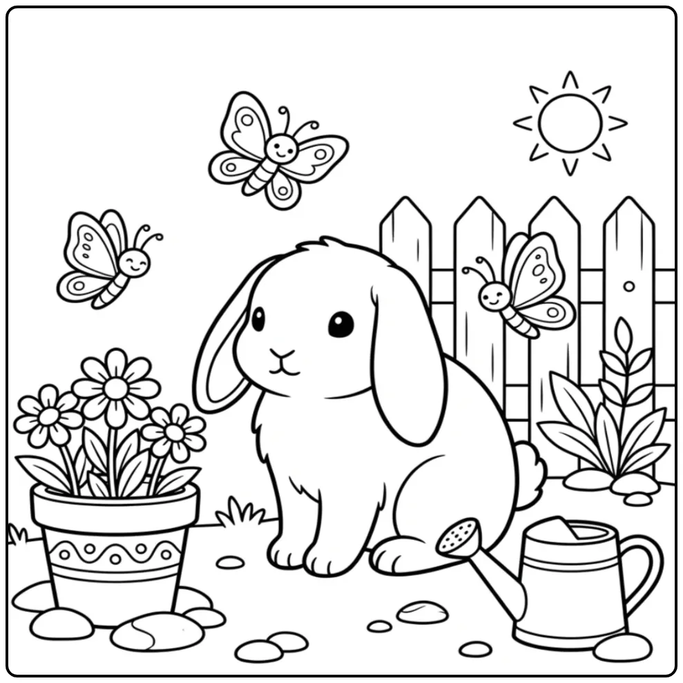 Leuke kleurplaat konijn hangoor in een zonnige tuin.