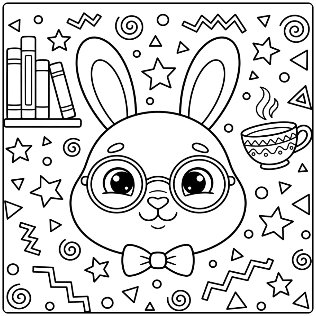 Een schattige kleurplaat konijn hoofd met bril en strikje.