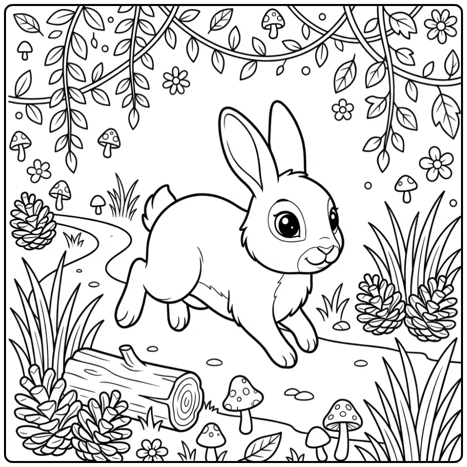 Leuke kleurplaat konijn huppelend op een bospad met gras.