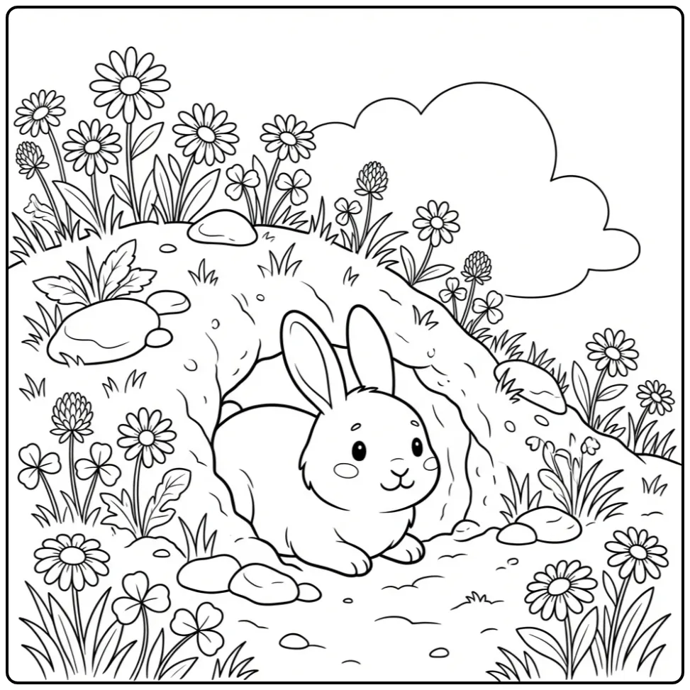 Een schattige kleurplaat konijn die uit een holletje kijkt.