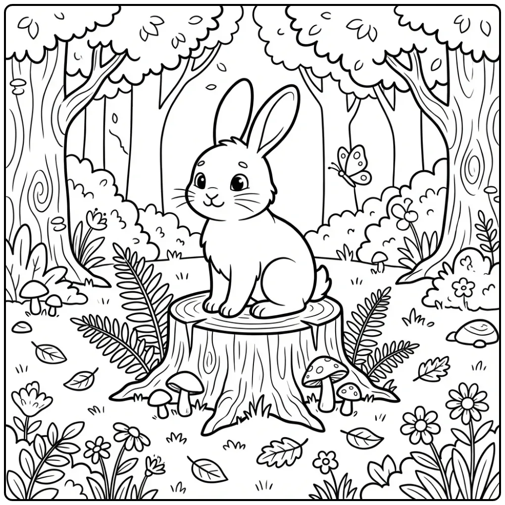 Schattige kleurplaat konijn zittend op een boomstronk.