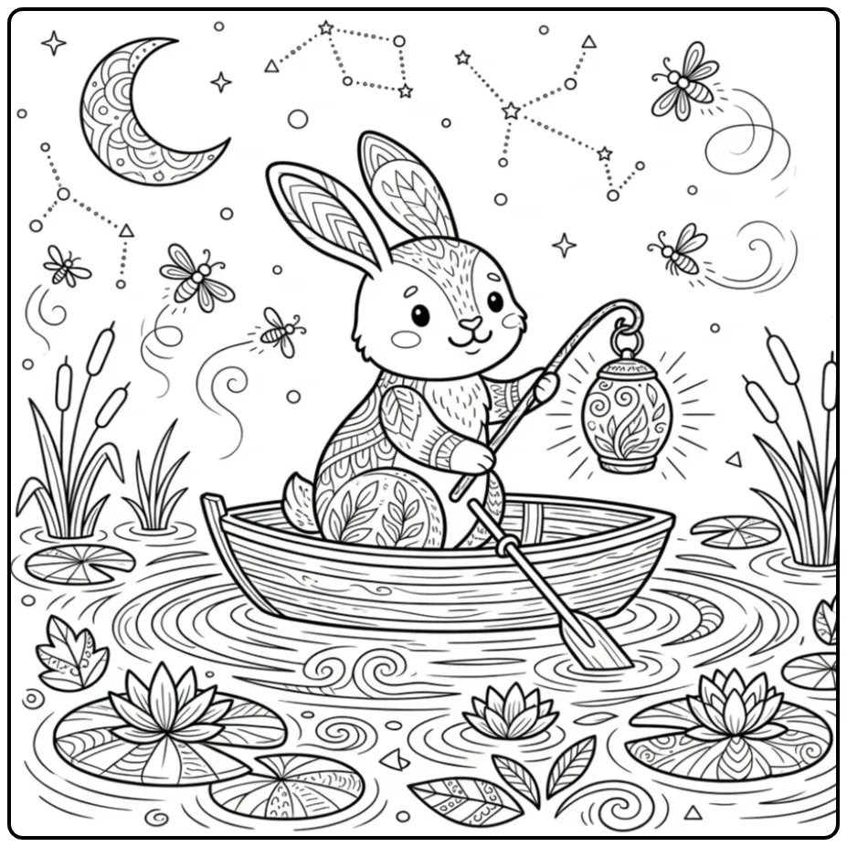 Gedetailleerde kleurplaat konijn moeilijk op het water