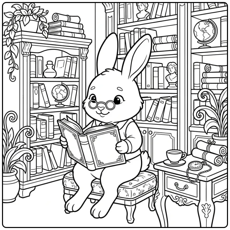 Gedetailleerde kleurplaat konijn moeilijk in bibliotheek.