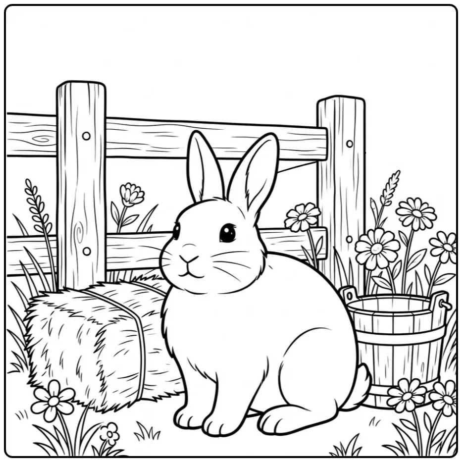 Leuke kleurplaat konijn onder een houten hek met bloemen