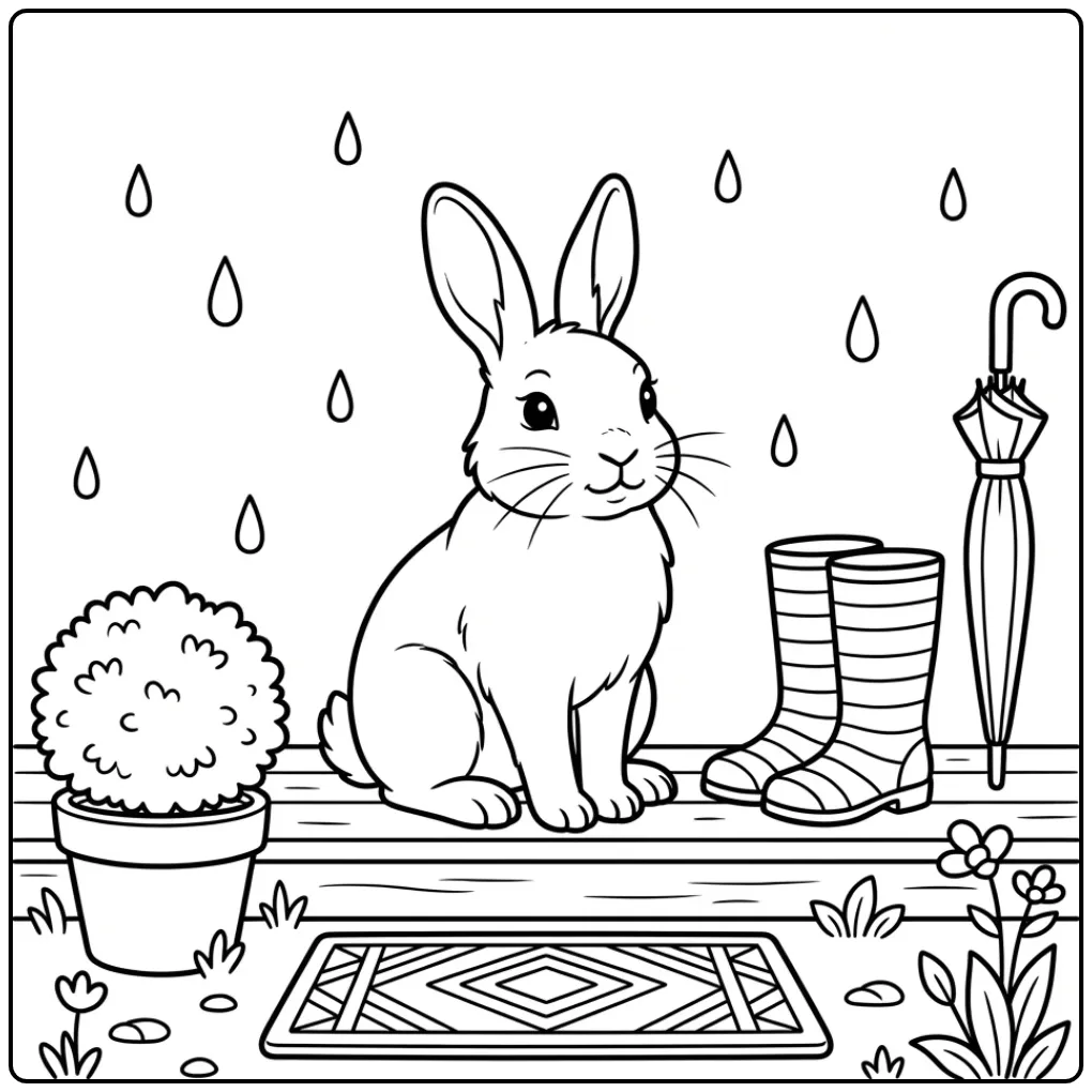 Schattige kleurplaat konijn bij regenlaarzen en een paraplu