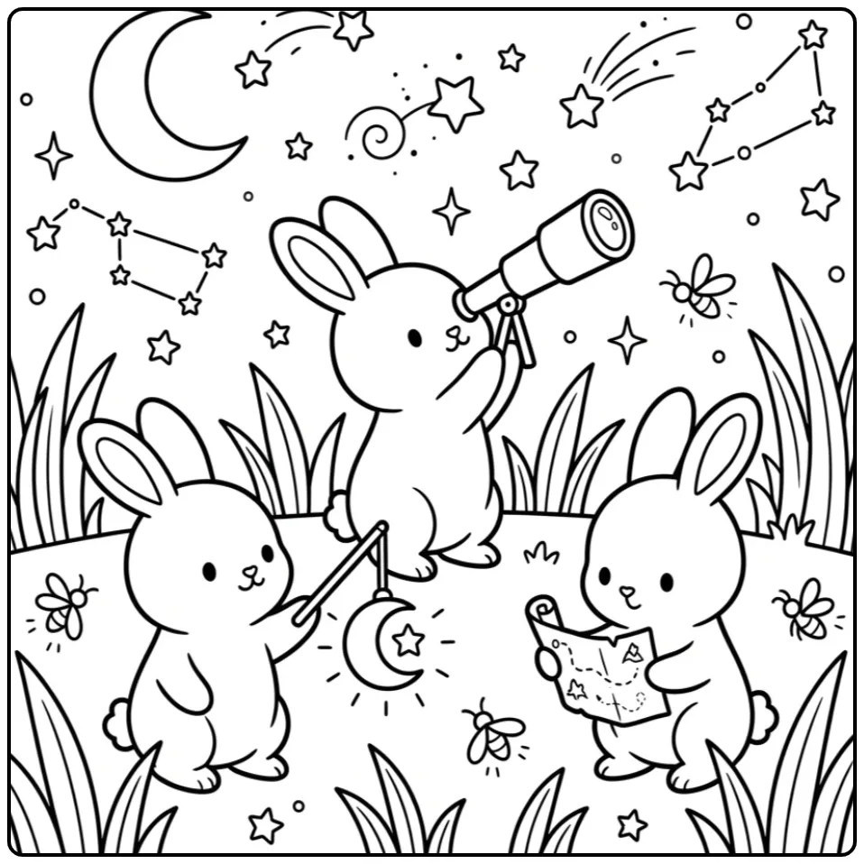 Schattige kleurplaat konijntjes op een sterrenavontuur.