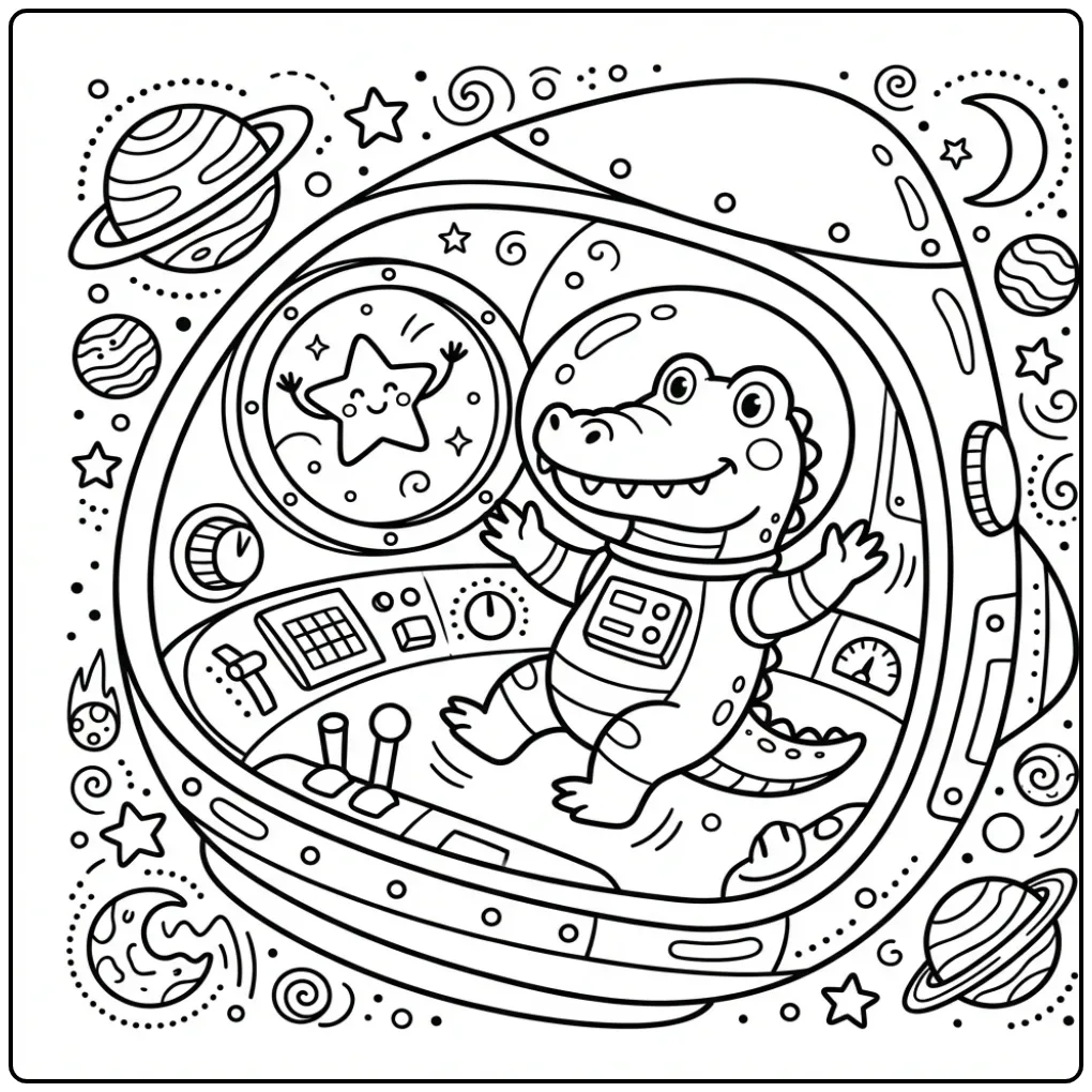 Schattige kleurplaat krokodil astronaut zwaait naar een ster