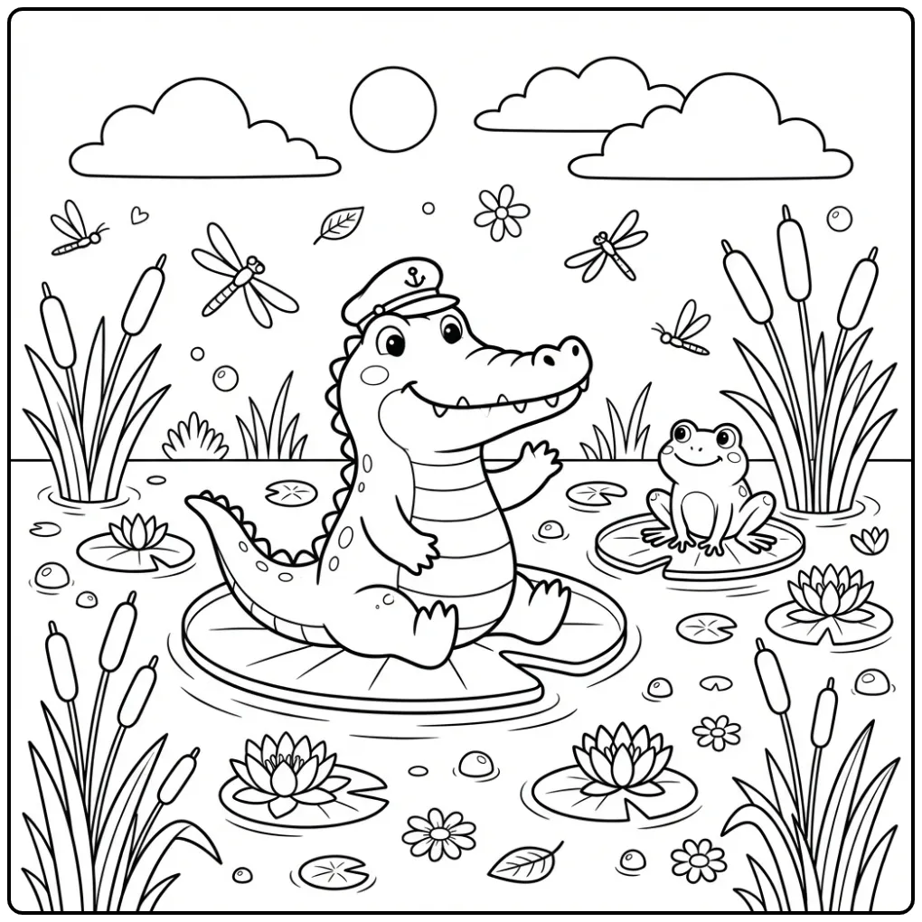 Leuke kleurplaat krokodil met kapiteinspet op een lelieblad.