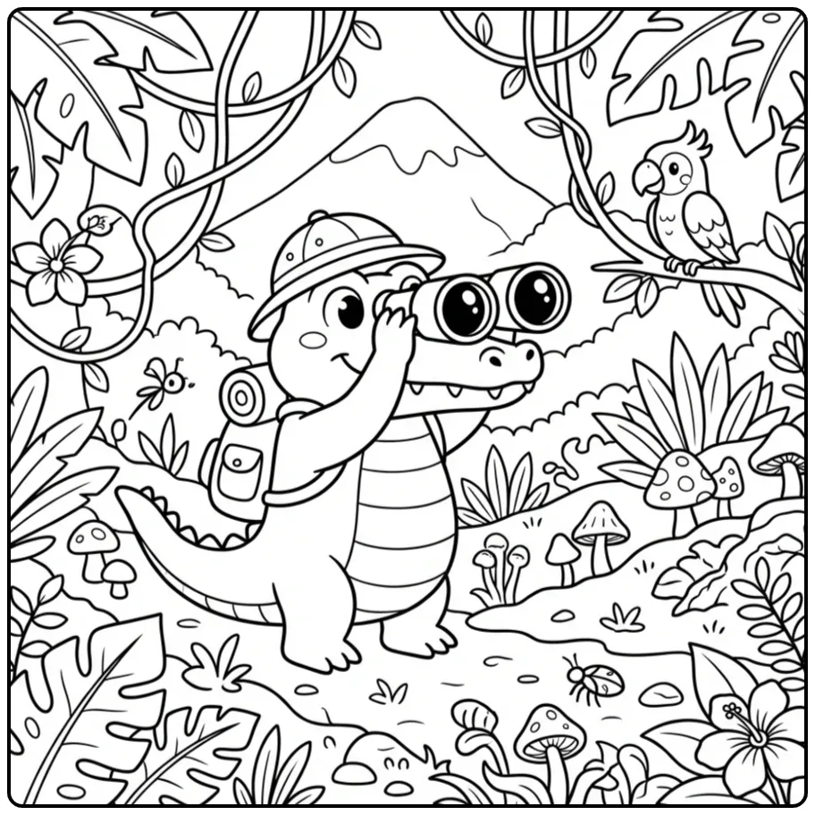 Avontuurlijke kleurplaat krokodil met verrekijker in het bos.