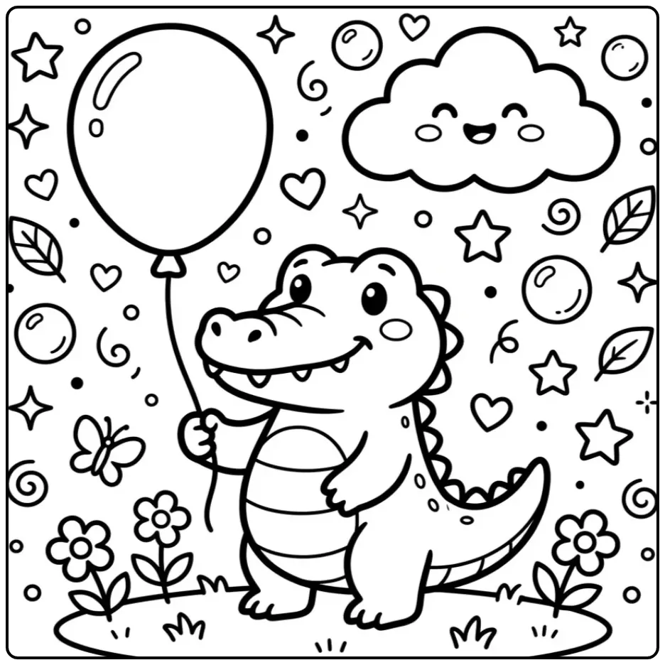 Schattige kleurplaat krokodil peuters met ballon en wolk.