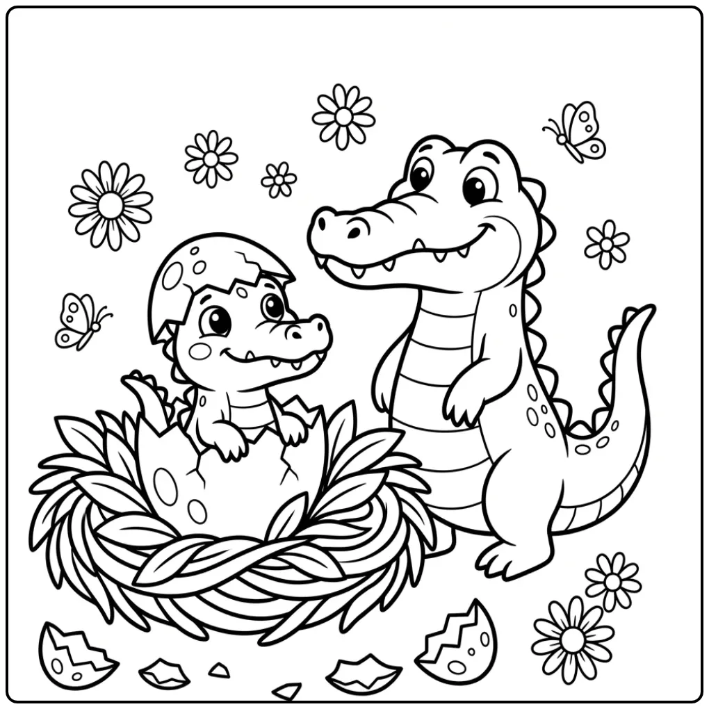 Schattige kleurplaat krokodil met baby die uit een ei komt.