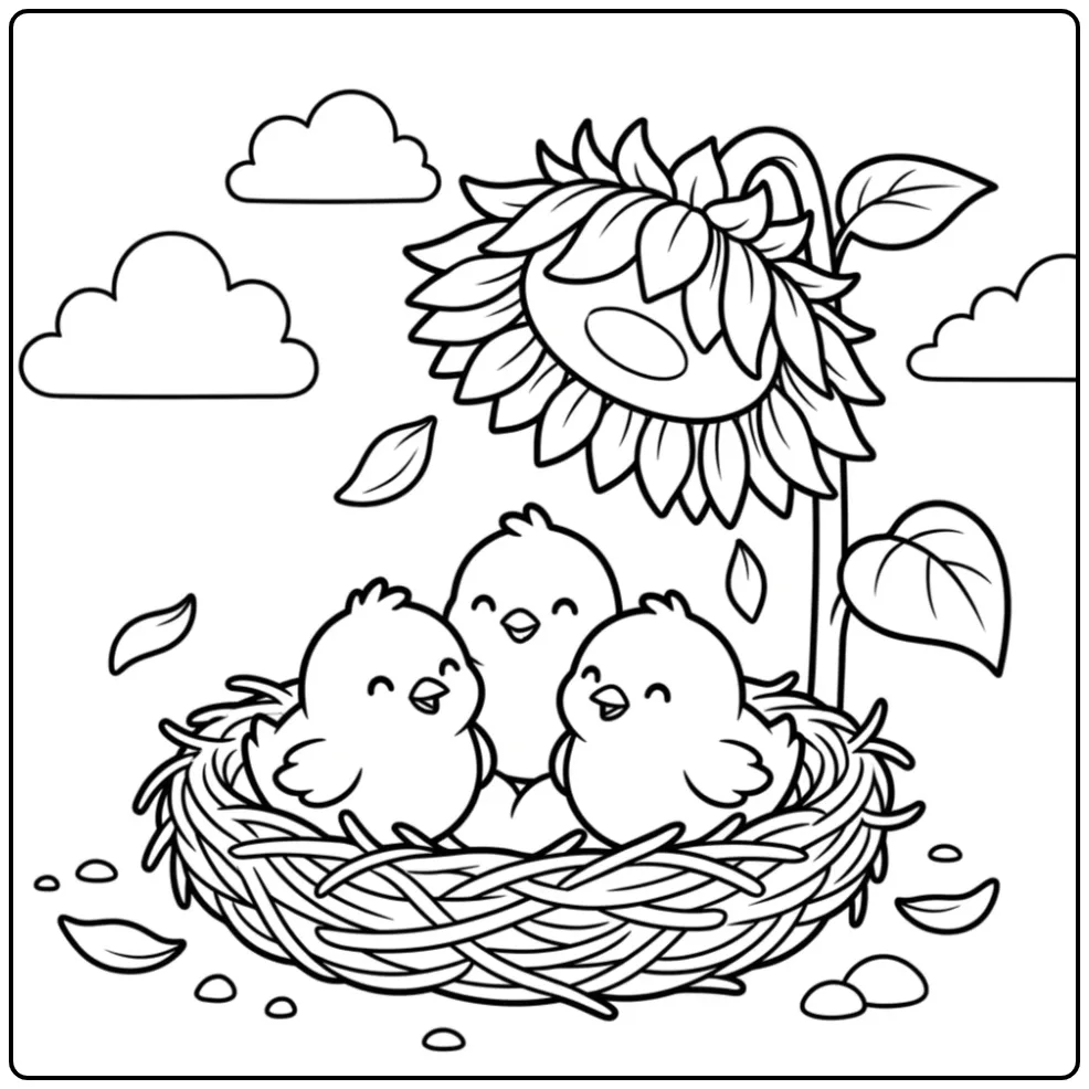 Schattige kleurplaat kuikentjes knuffelend in een nest.