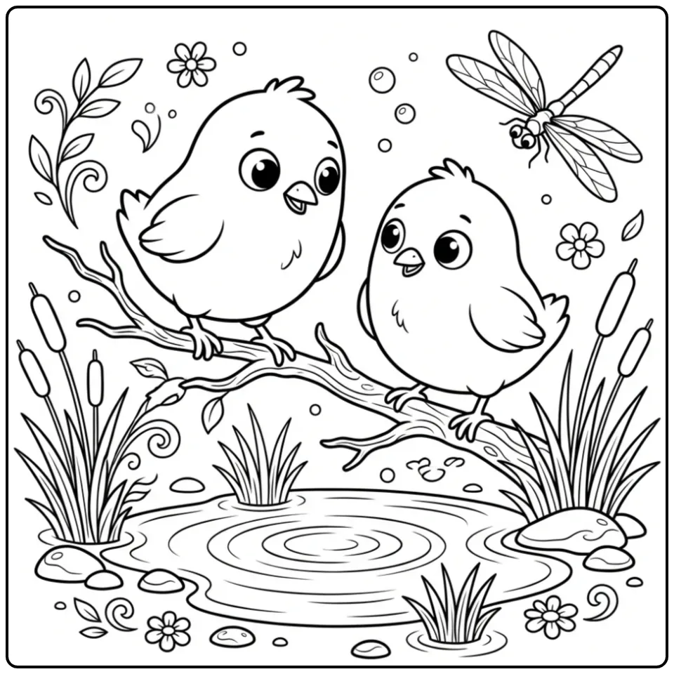 Schattige kleurplaat kuikentjes balancerend op een takje.