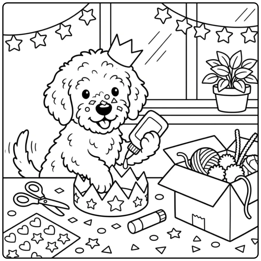 Schattige kleurplaat labradoodle knutselt een papieren kroon.