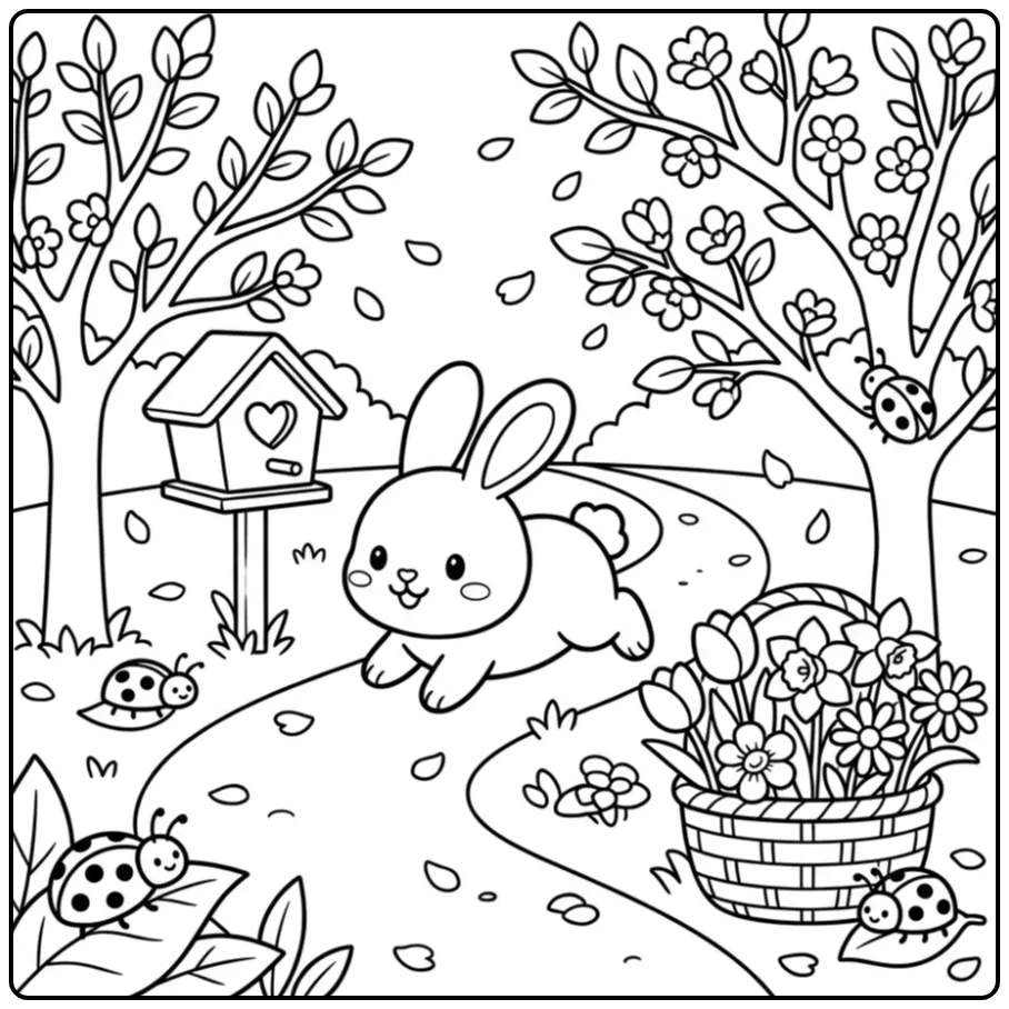 Vrolijke kleurplaat lente konijn met bloemenmandje.