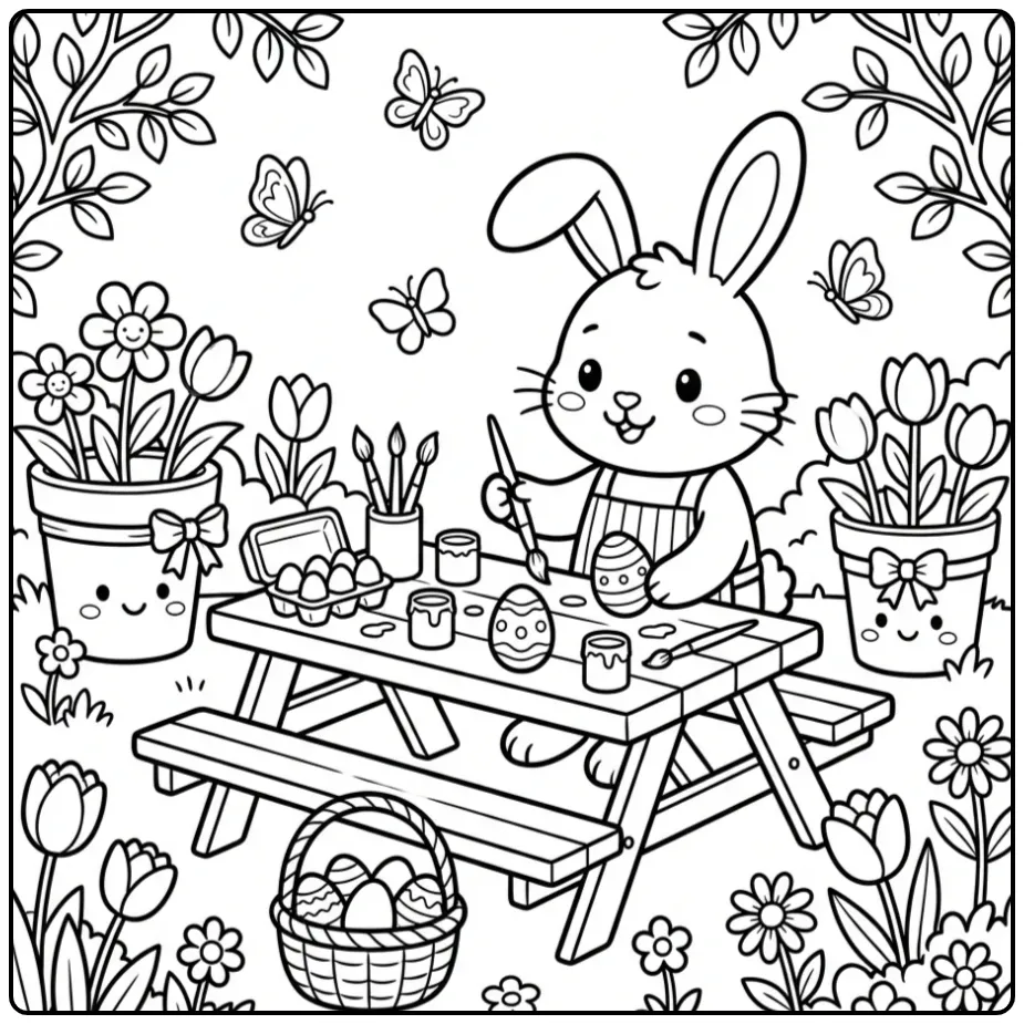 Schattig kleurplaat lente konijn met paaseieren en bloemen.