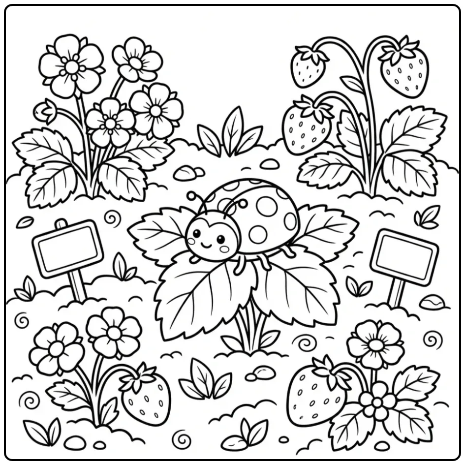 Leuke kleurplaat lieveheersbeestje op een aardbeienblad.