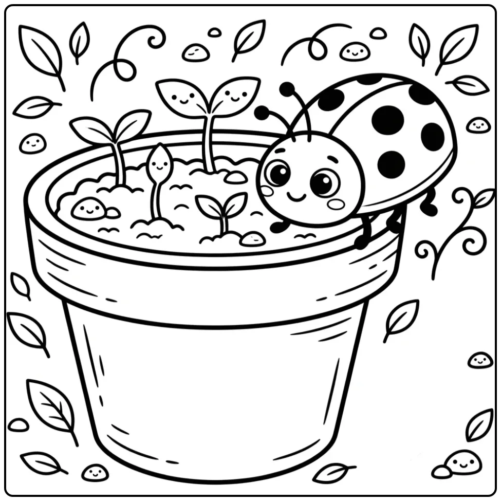 Een leuke kleurplaat lieveheersbeestje op een bloempotrand.