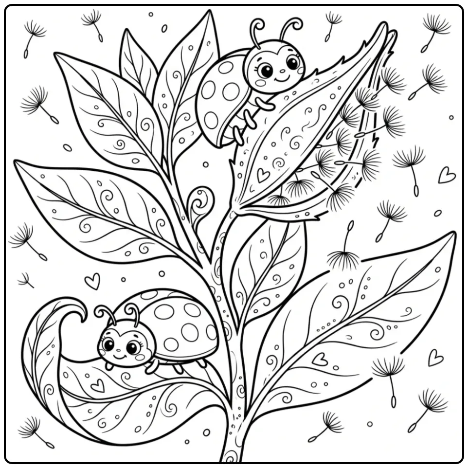 Schattige kleurplaat lieveheersbeestje op een plant met zaden.