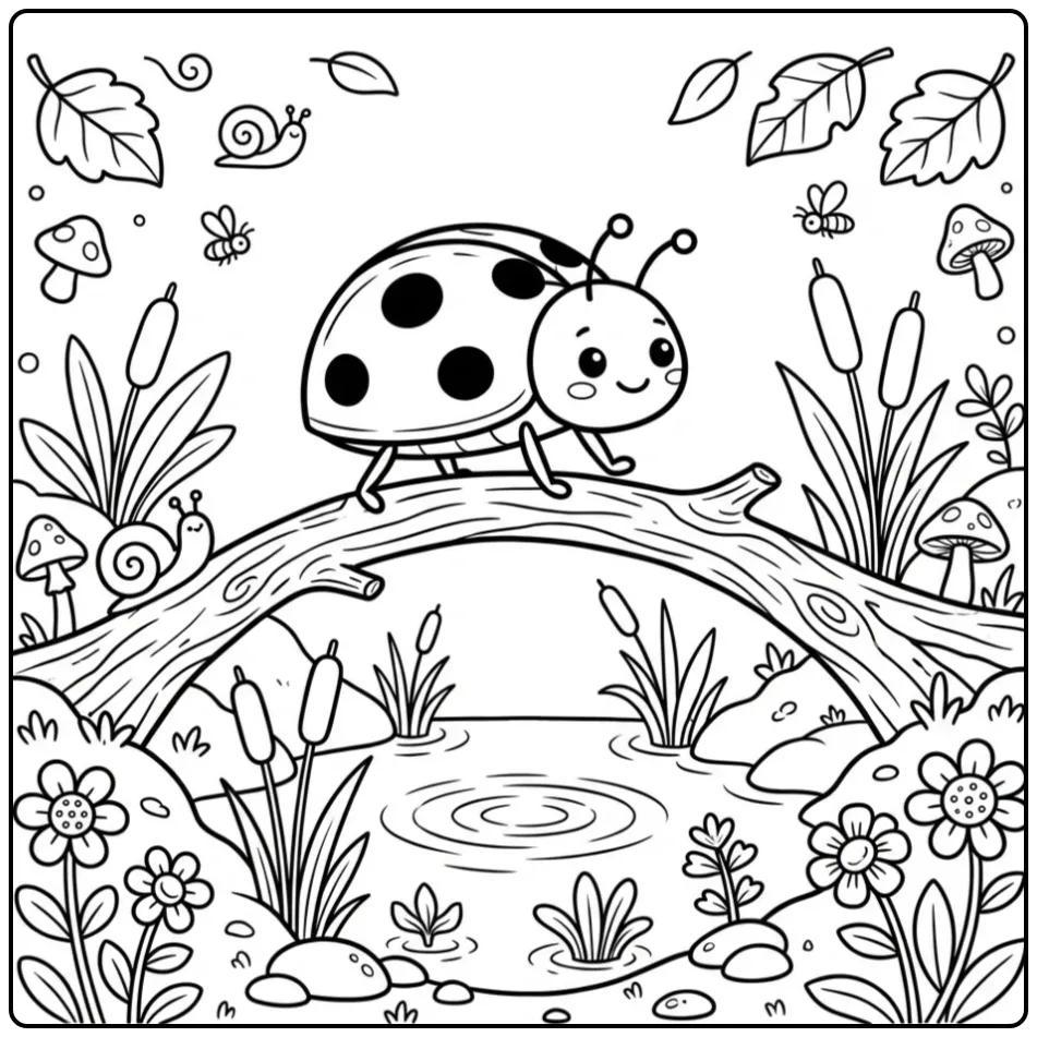 Een kleurplaat lieveheersbeestje steekt een plas over.