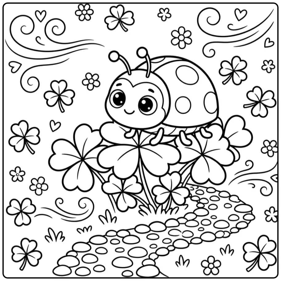 Leuke kleurplaat lieveheersbeestje op een klaverblad.