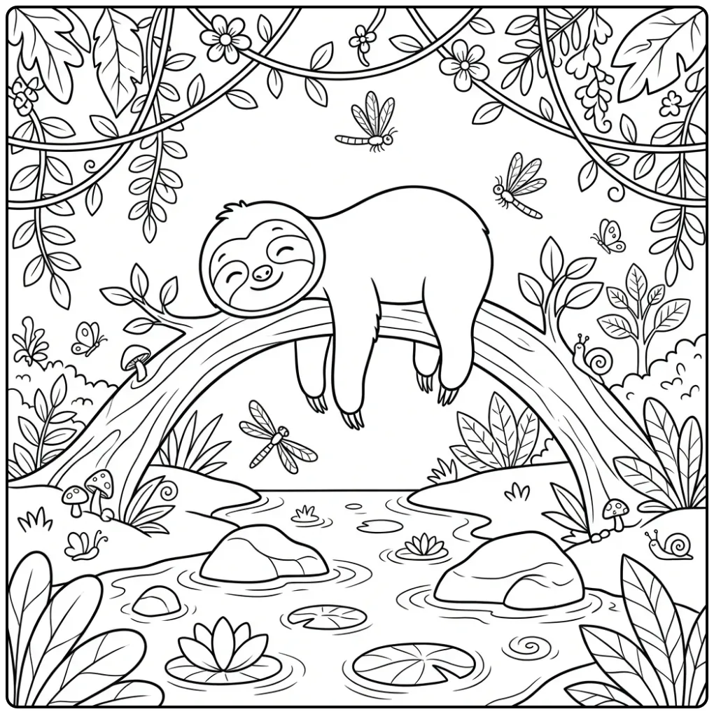 Een schattige kleurplaat luiaard hangend boven een beekje.