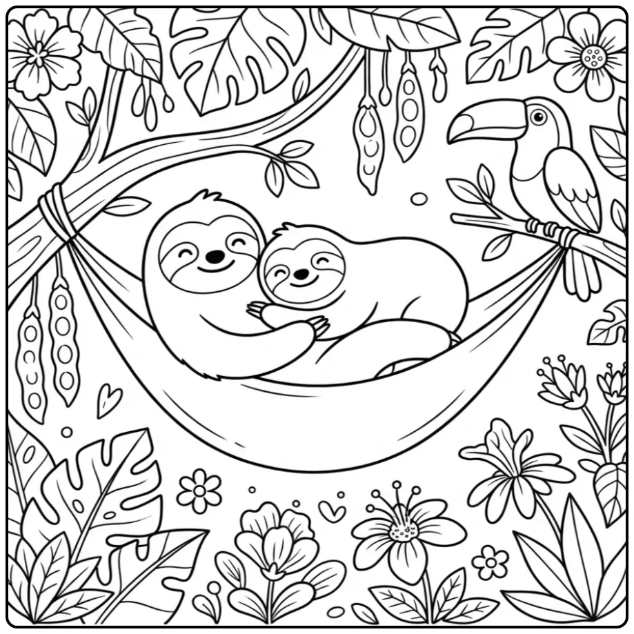Schattige kleurplaat luiaard koppel rustend in de jungle.
