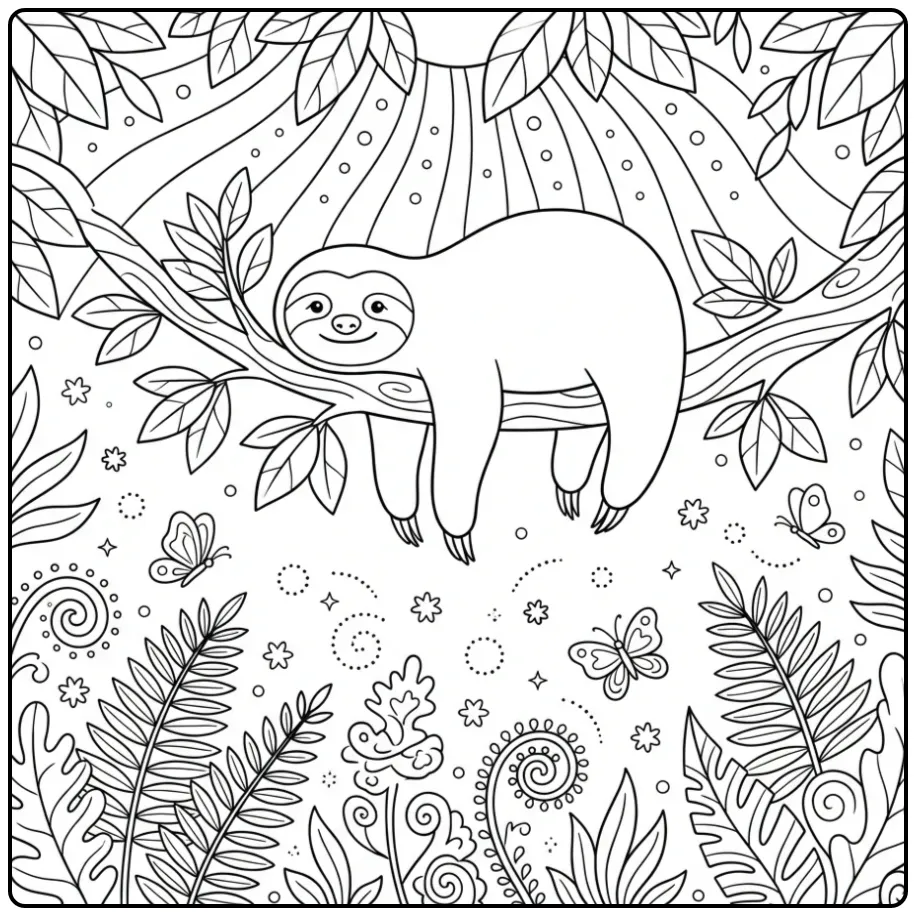 Schattige kleurplaat luiaard rustend in een magisch bos.