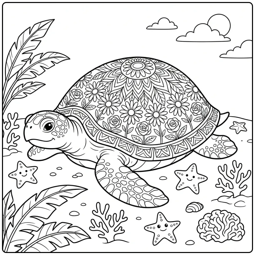 Leuke kleurplaat mandala schildpad met schelpen en zand.