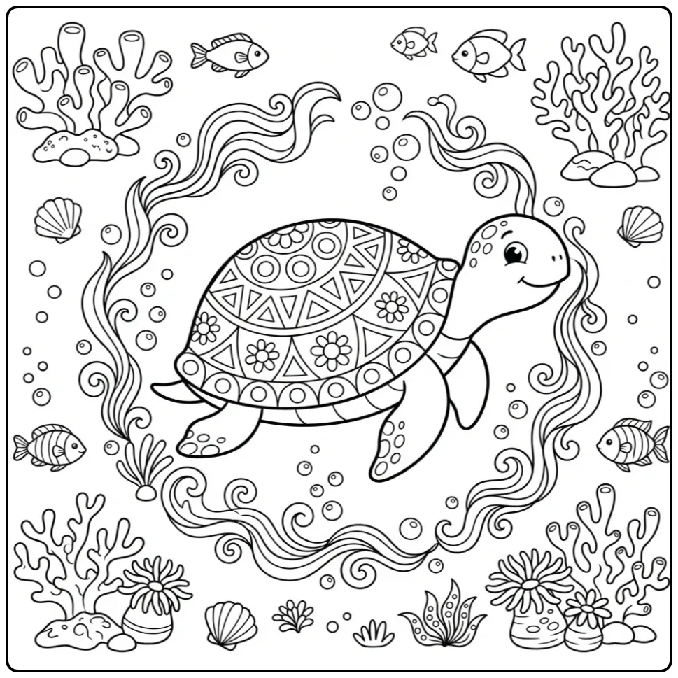 Leuke kleurplaat mandala schildpad tussen koraal en bubbels.