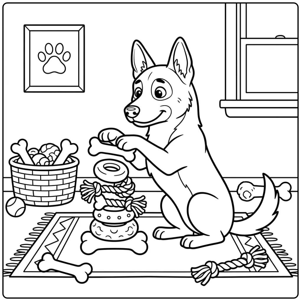 Een schattige kleurplaat mechelse herder als speelgoedbouwer