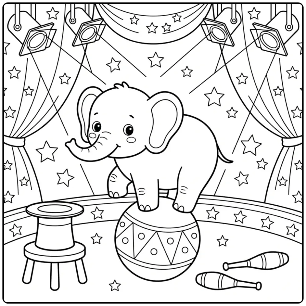 Schattige kleurplaat olifant die balanceert op een circusbal.