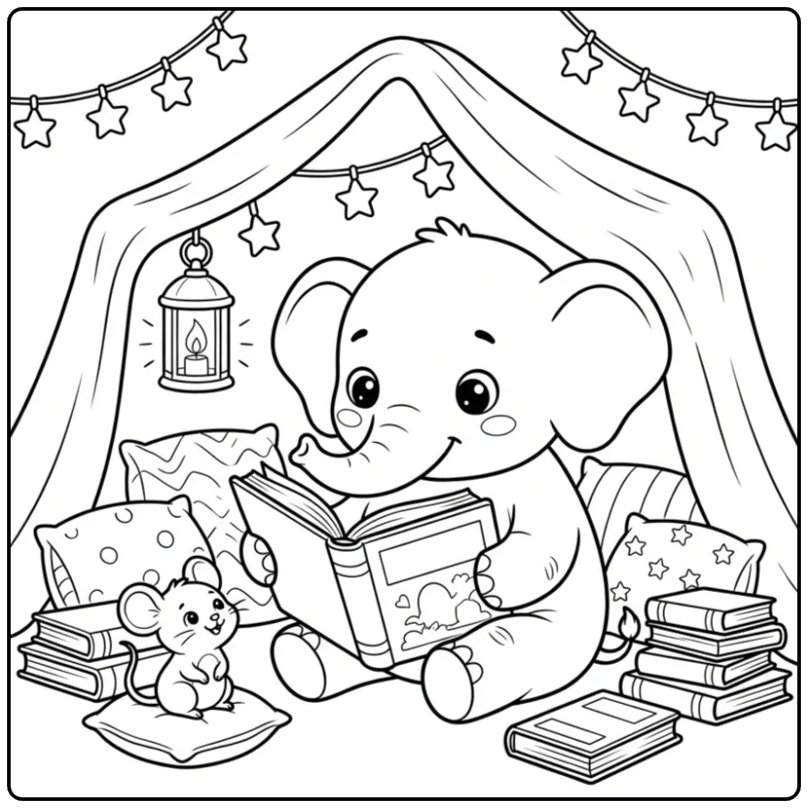 Schattige kleurplaat olifant leest boek in een knus fort