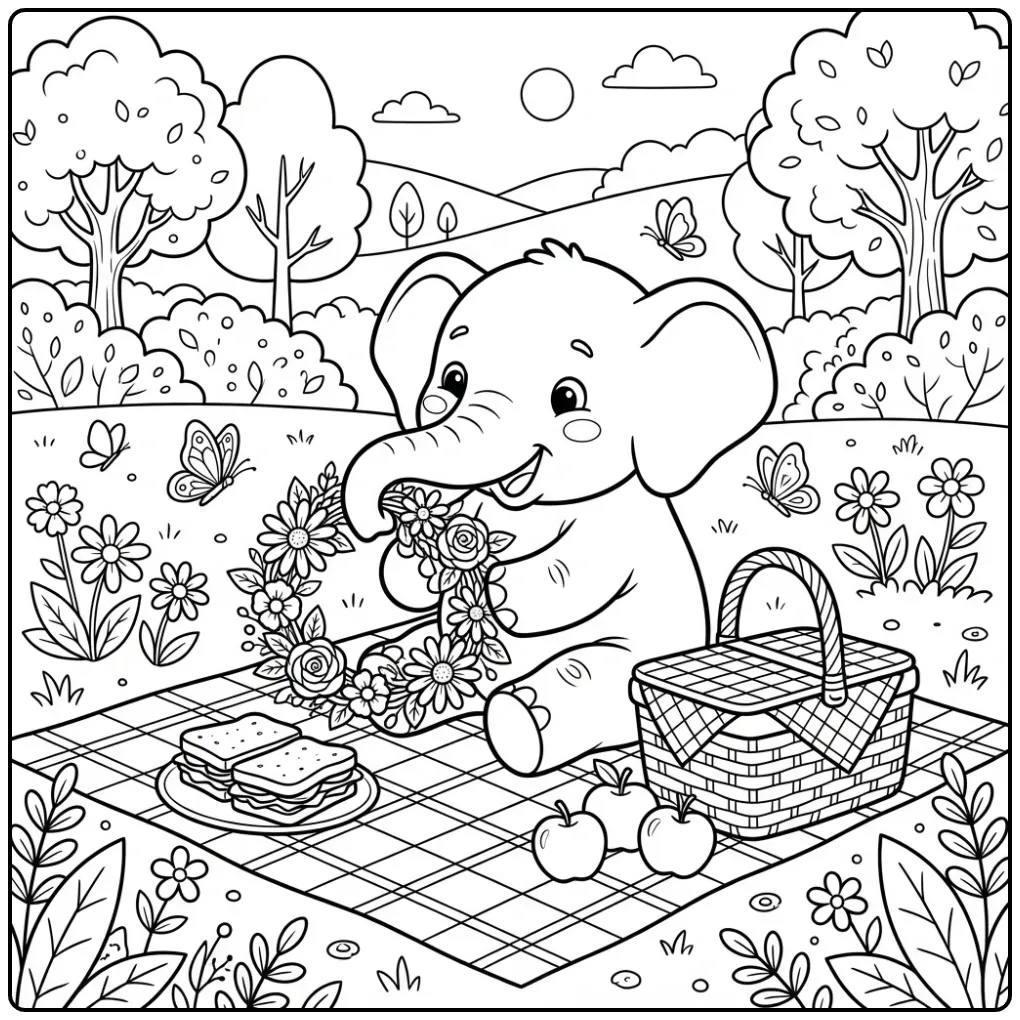 Schattige kleurplaat olifant tijdens een gezellige picknick.