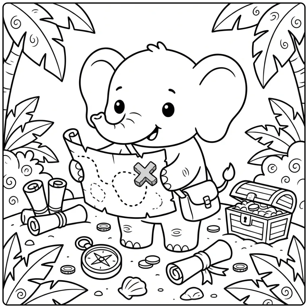 Schattige kleurplaat olifant zoekt schatten met een kaart.