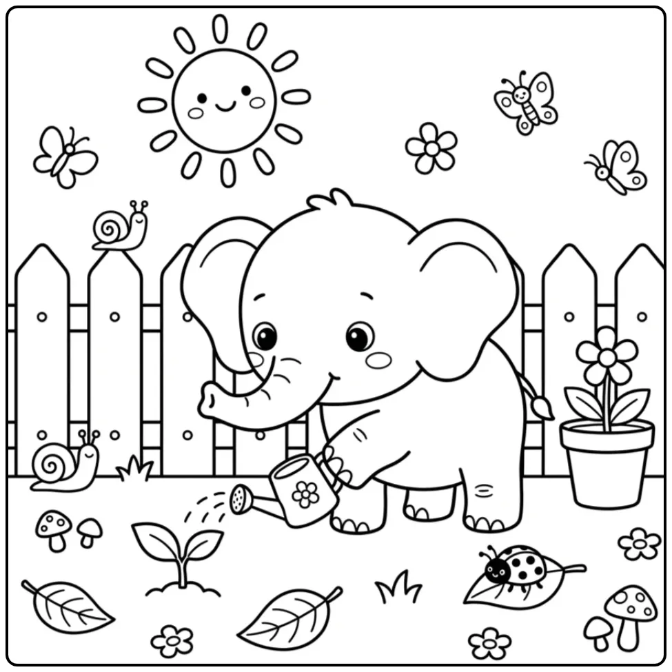 Schattig kleurplaat olifantje dat plantjes water geeft.