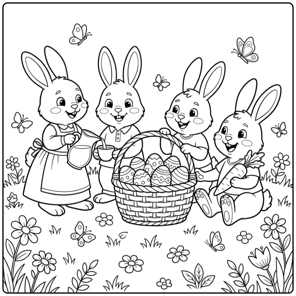 Vrolijke kleurplaat paashaas met mandje en limonade buiten