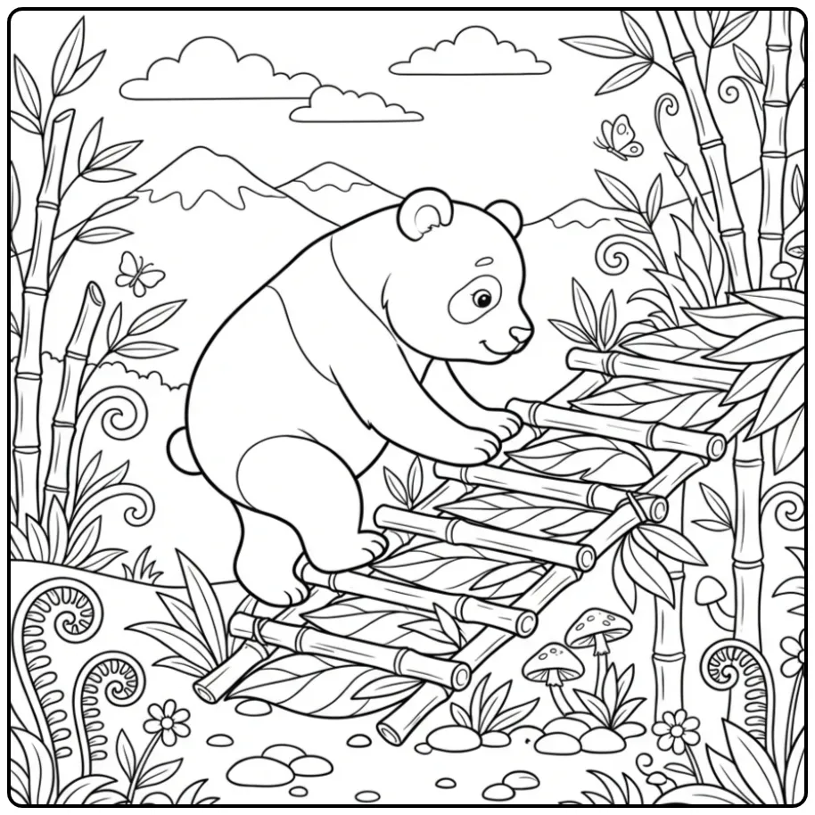 Schattige kleurplaat panda klimmend op bamboe stengels.