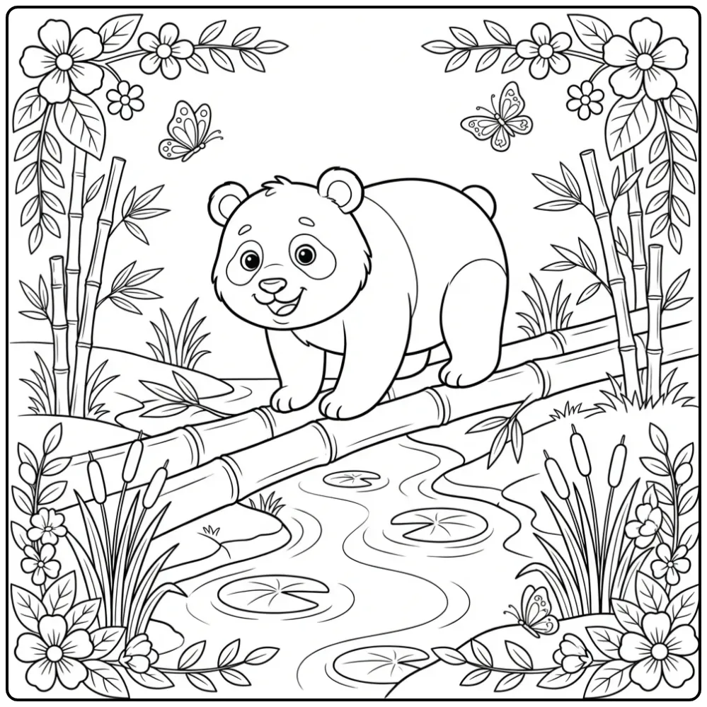 Een kleurplaat panda die balanceert op een bamboe stam