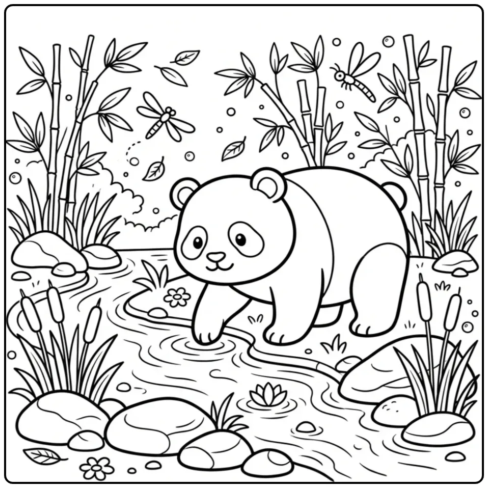 Schattige kleurplaat panda die met poot in water speelt.