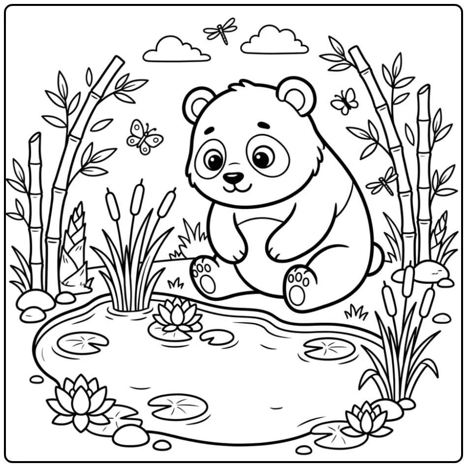 Een leuke kleurplaat panda zittend bij een vijver met vissen
