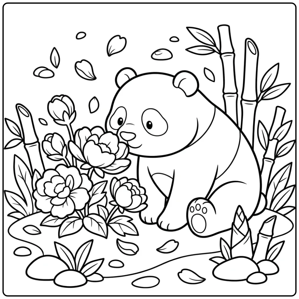 Een schattige kleurplaat panda die aan mooie bloemen ruikt