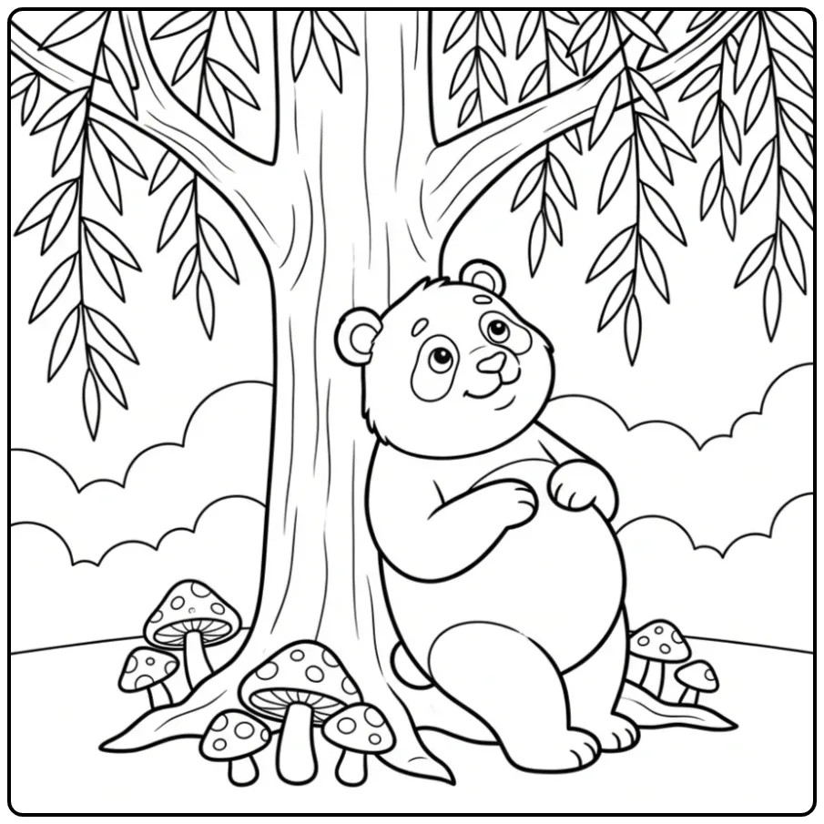 Leuke kleurplaat panda leunend tegen een boom met bamboe.