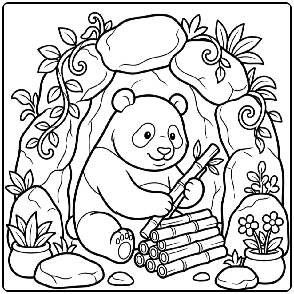 Leuke kleurplaat panda die bamboe stapelt bij een grot.