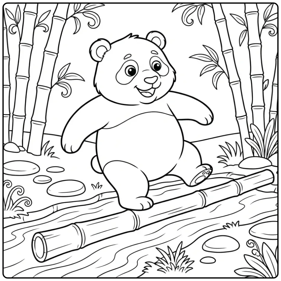 Gedetailleerde kleurplaat panda moeilijk met bamboe en water.