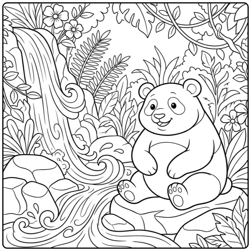 Gedetailleerde kleurplaat panda moeilijk in natuur met rotsen